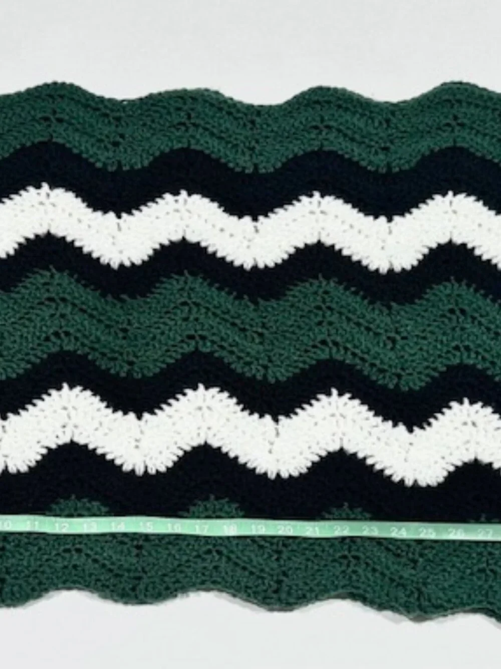 Handmade Granny Crochet Knit Table Runner Green White Black Zigzag 23inx70in
